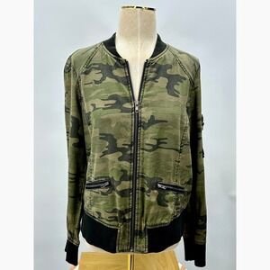 Dear John Camouflage Bomber Jacket Full Zip Utility Pockets Ribbed Cuffs